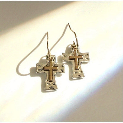 Two-Tone Hammered Cross Earrings