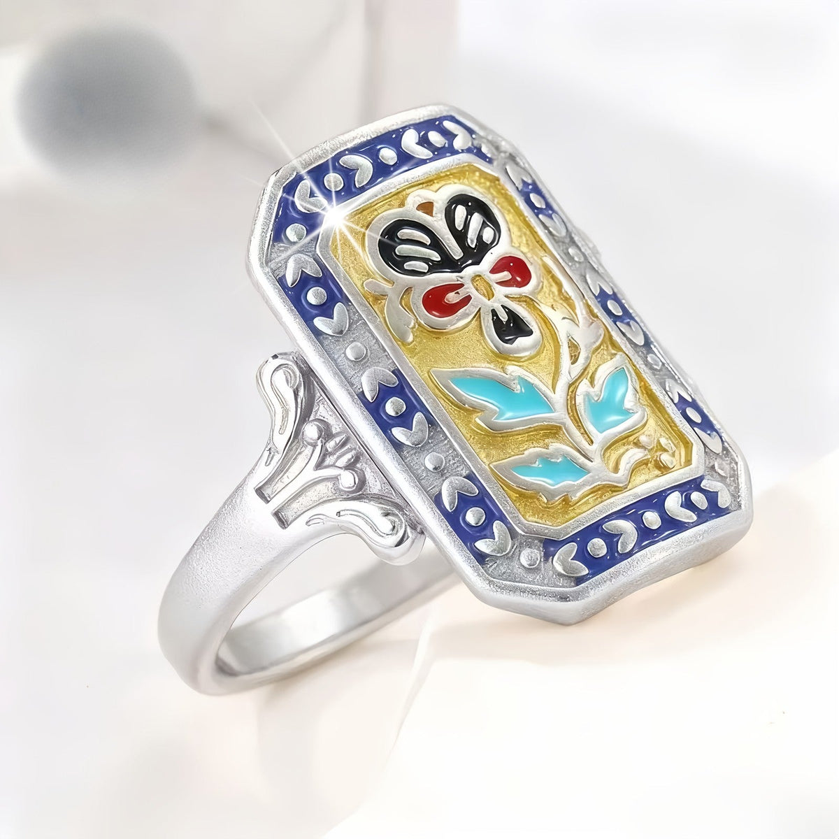Enamel Floral Rectangle Ring