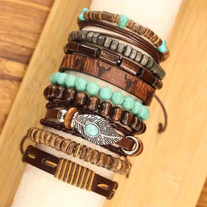 Turquoise Bead & Leaf Charm Bracelet Set