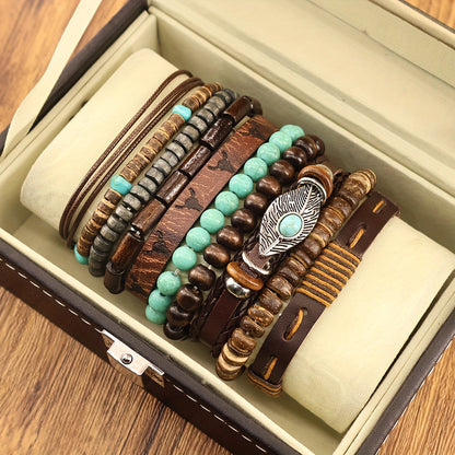 Turquoise Bead & Leaf Charm Bracelet Set