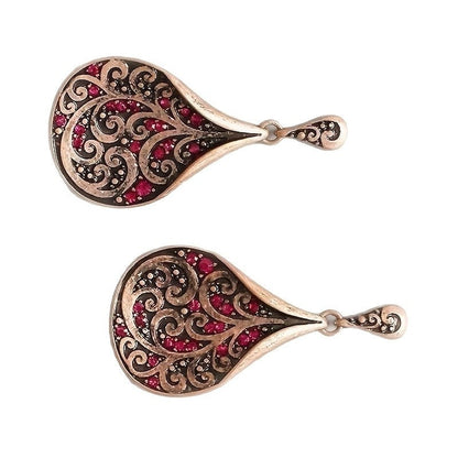 Red Zircon Scrollwork Teardrop Earrings