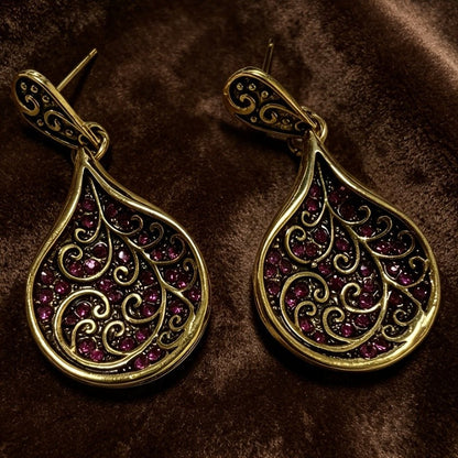 Red Zircon Scrollwork Teardrop Earrings