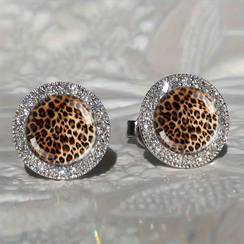 Leopard Print Crystal Halo Stud Earrings