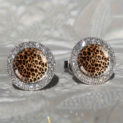 Leopard Print Crystal Halo Stud Earrings