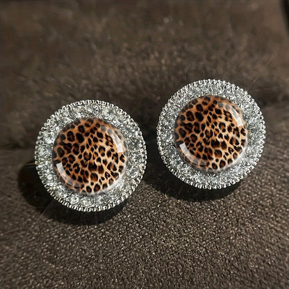 Leopard Print Crystal Halo Stud Earrings