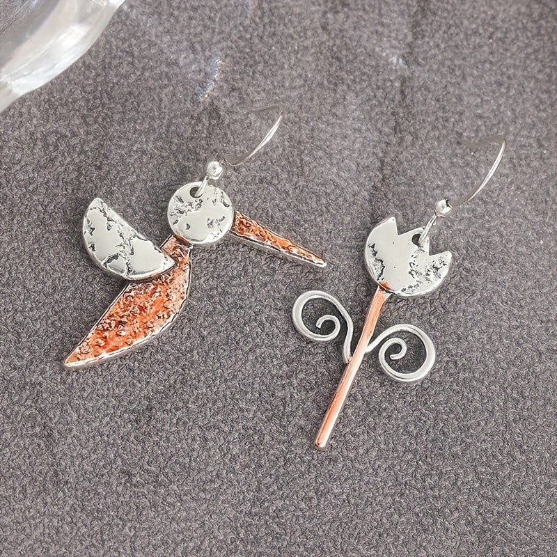 Asymmetrical Bird & Scroll Earrings