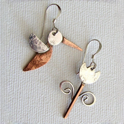 Asymmetrical Bird & Scroll Earrings