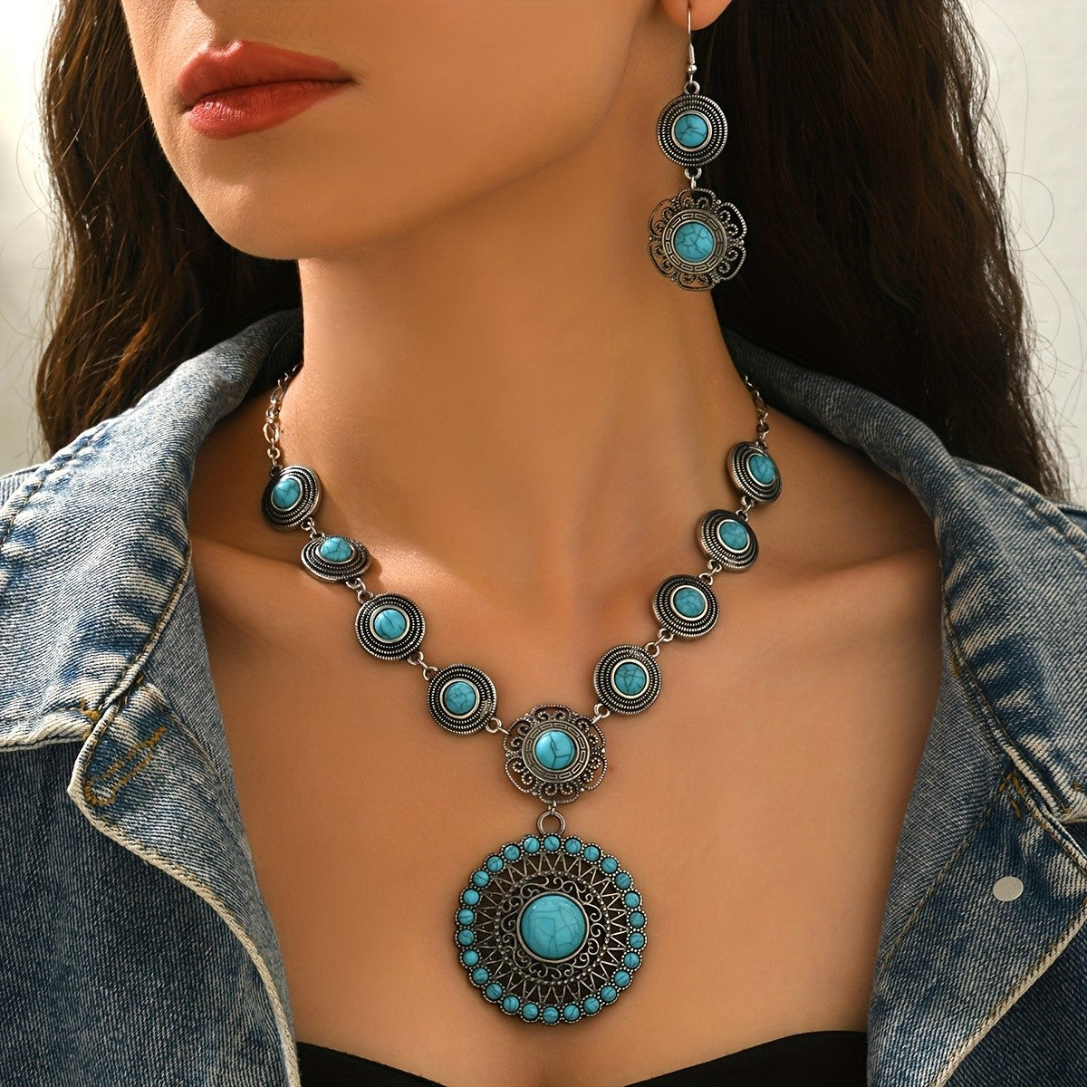 Turquoise Medallion & Drop Earring Set