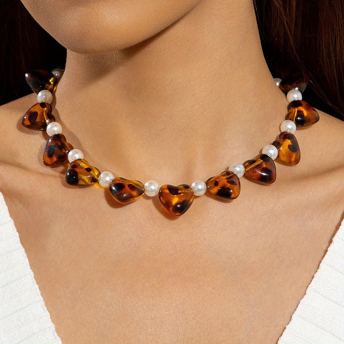 Tortoiseshell Heart & Pearl Necklace