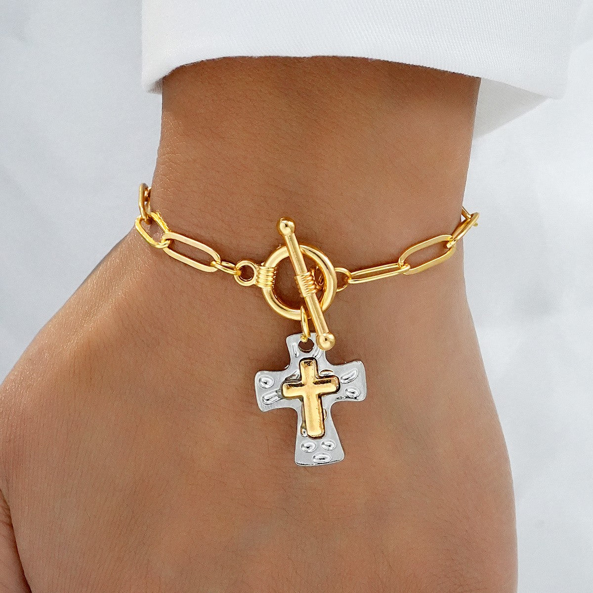 Two-Tone Cross Charm Bracelet