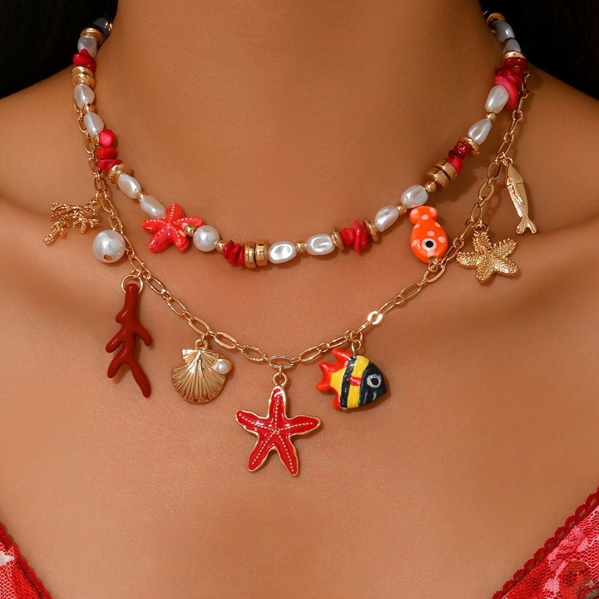 Red Starfish & Fish Charm Necklace