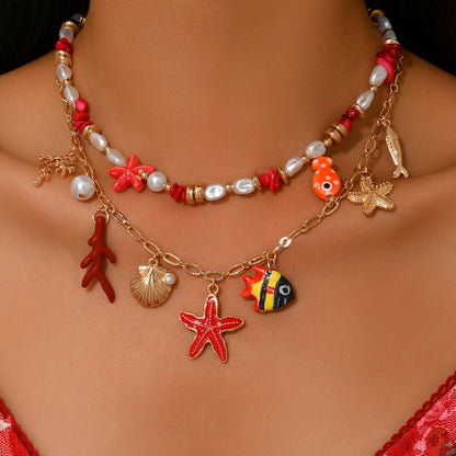 Red Starfish & Fish Charm Necklace