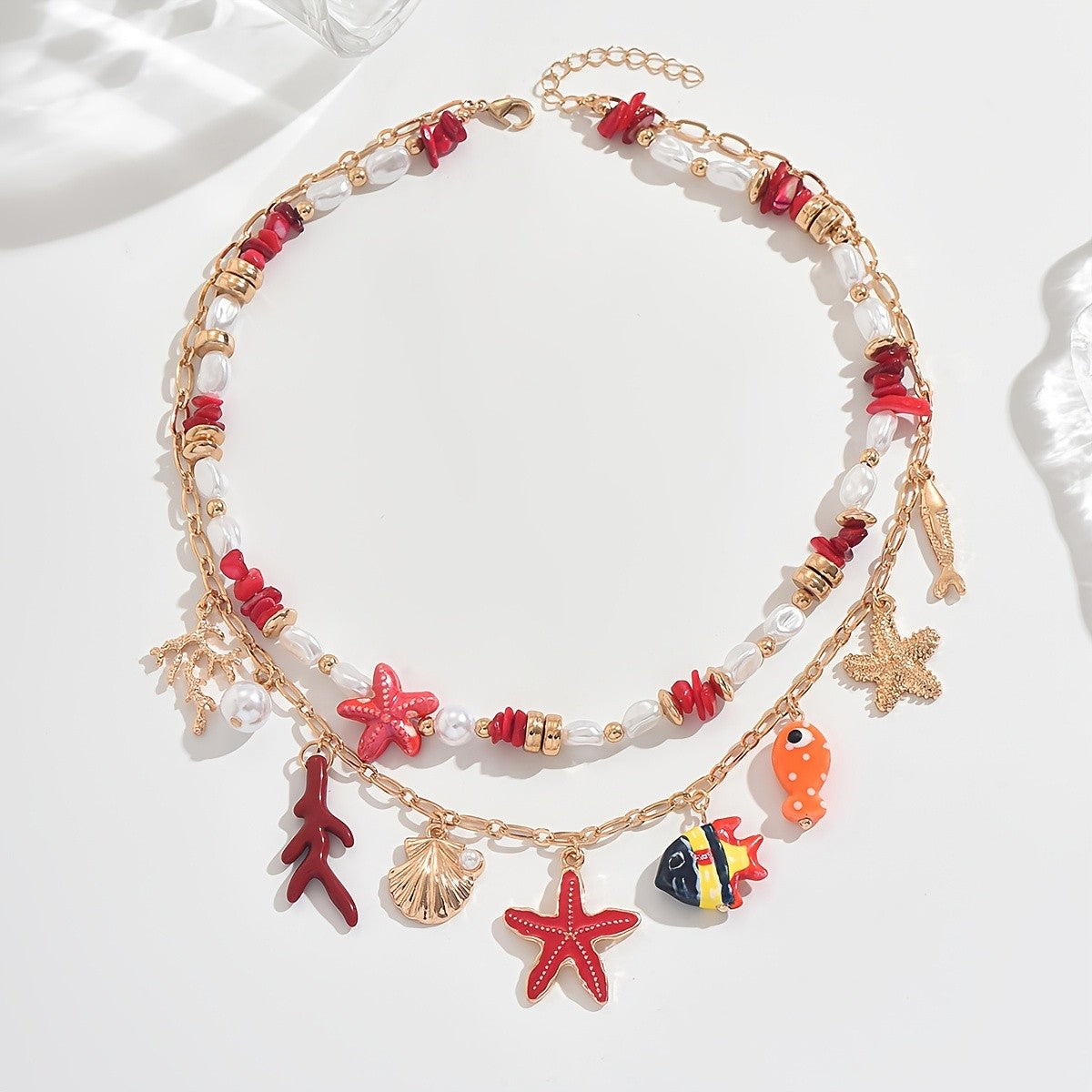 Red Starfish & Fish Charm Necklace