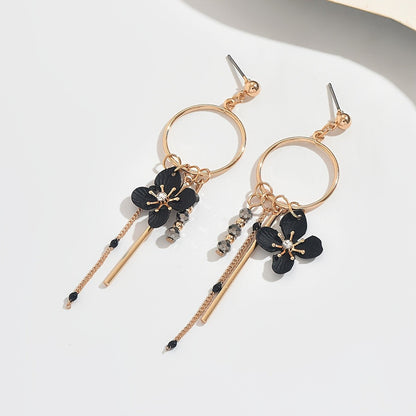 Black Floral Hoop Drop Earrings