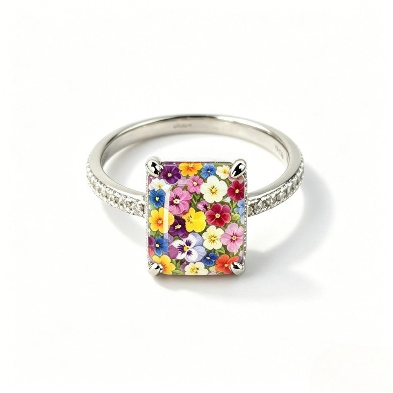 Multicolor Floral Square Ring