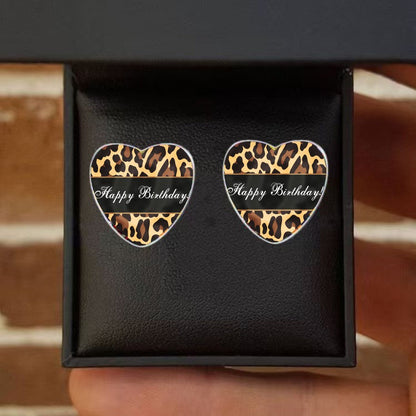 Leopard Print Happy Birthday Heart Earrings