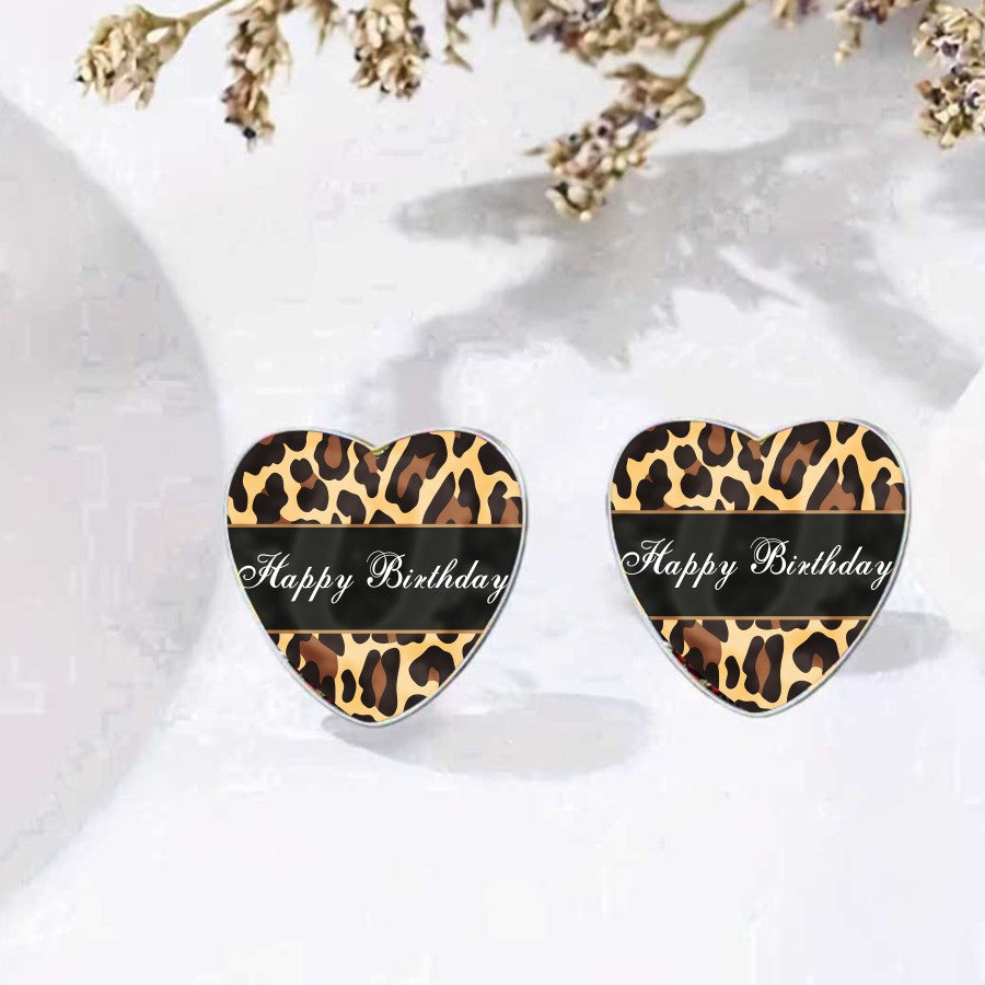 Leopard Print Happy Birthday Heart Earrings
