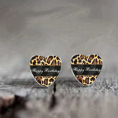 Leopard Print Happy Birthday Heart Earrings