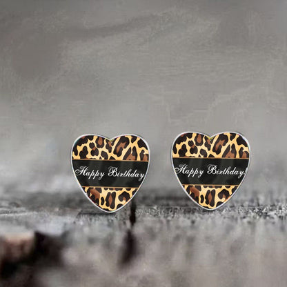 Leopard Print Happy Birthday Heart Earrings