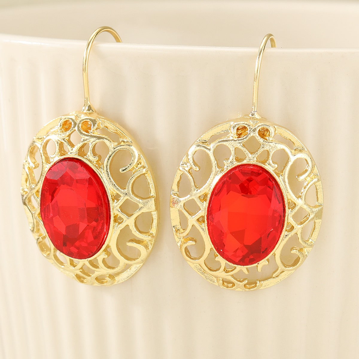 Oval Red Filigree Earrings