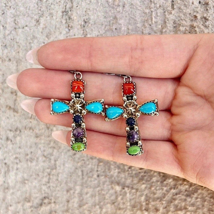 Multicolor Gemstone Cross Earrings