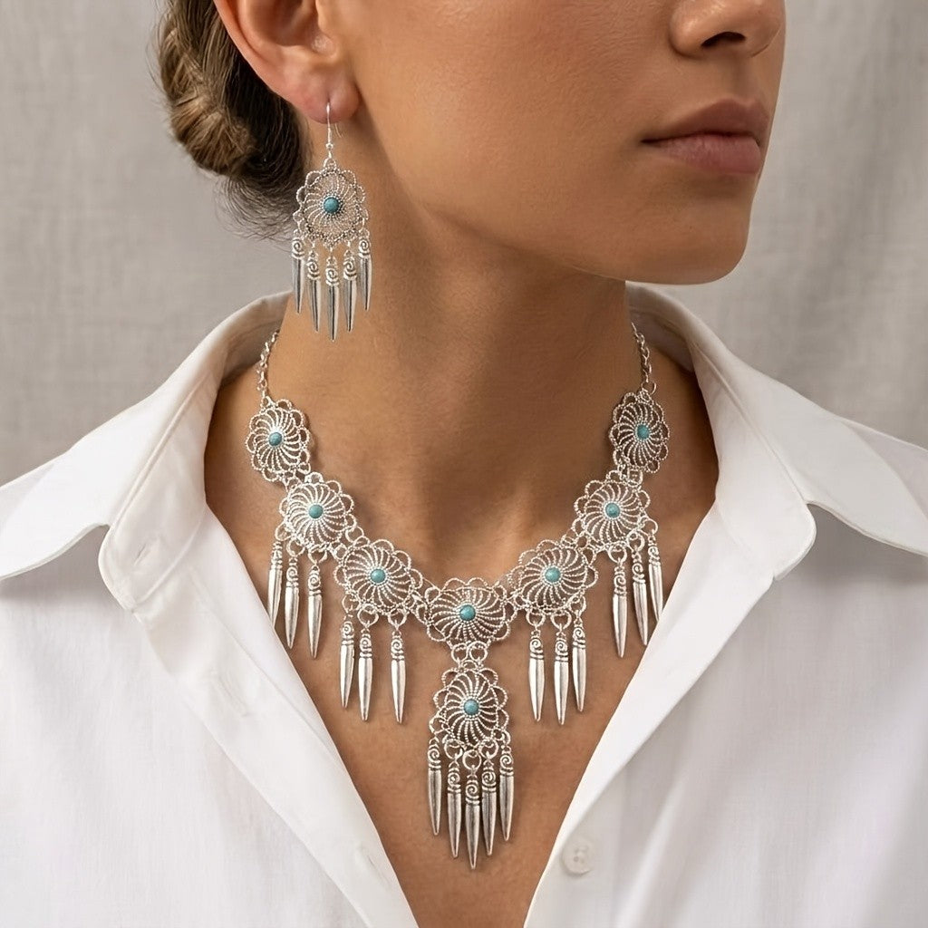 Turquoise Filigree Tassel Jewelry Set
