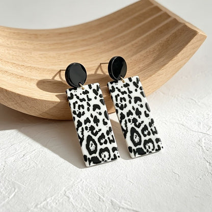 Black Circle Leopard Rectangle Drop Earrings
