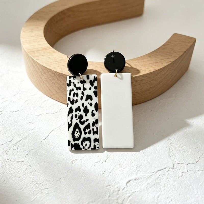 Black Circle Leopard Rectangle Drop Earrings