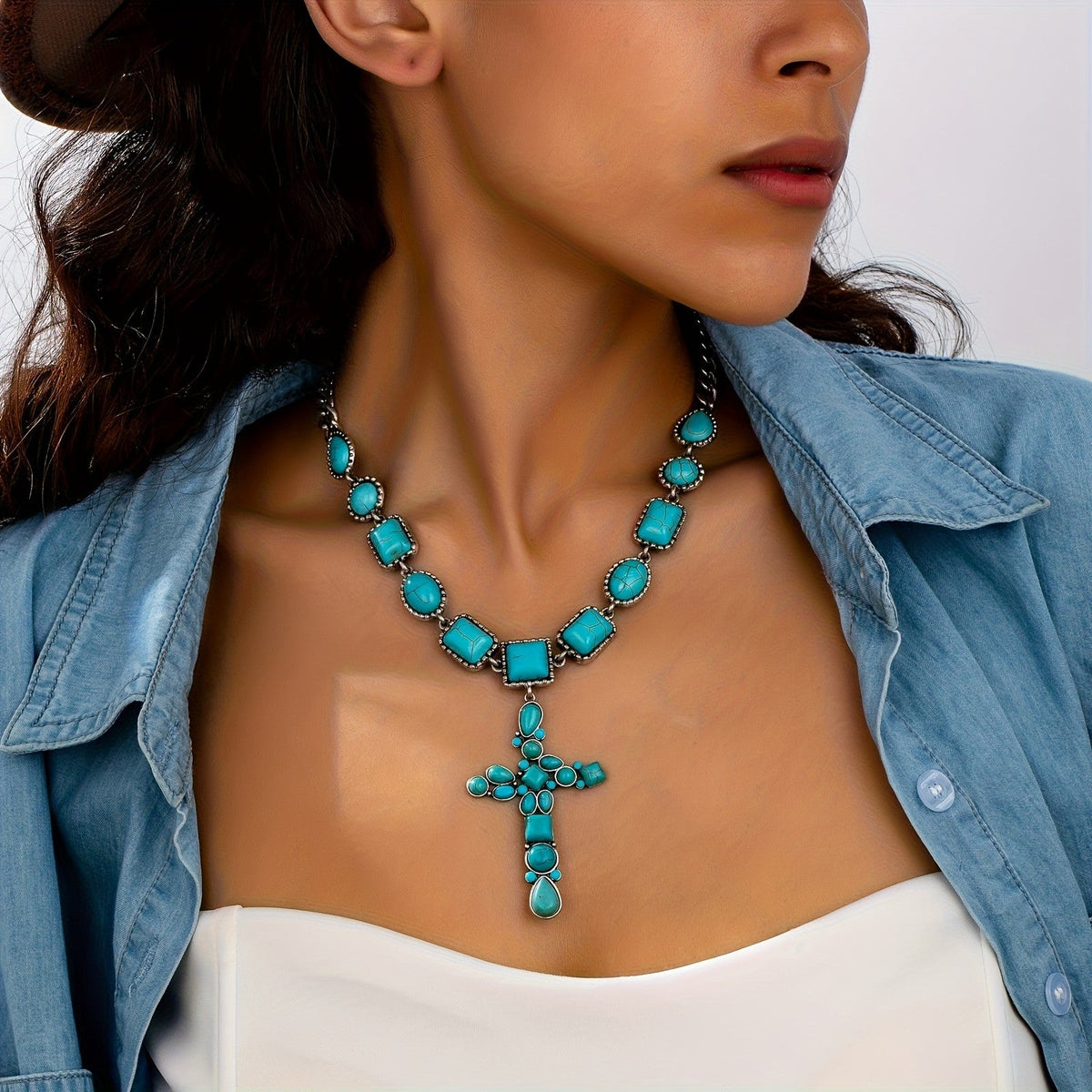 Turquoise Mosaic Cross Necklace