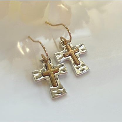 Hammered Cross Drop Earrings