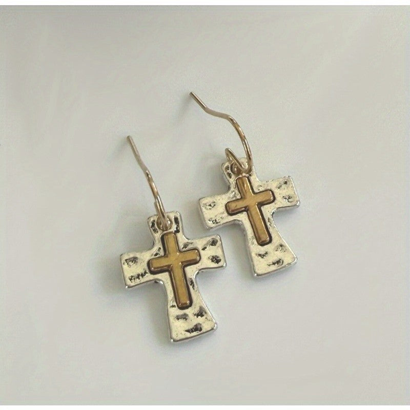 Hammered Cross Drop Earrings