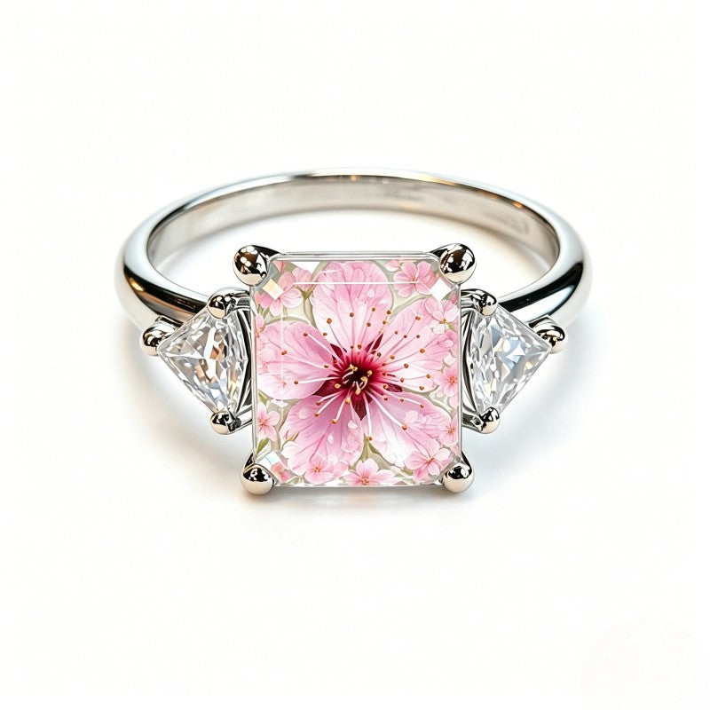Pink Cherry Blossom Square Ring with Side Stones