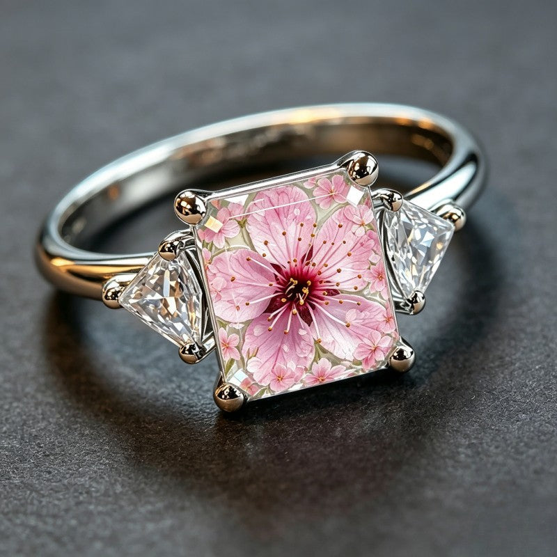 Pink Cherry Blossom Square Ring with Side Stones