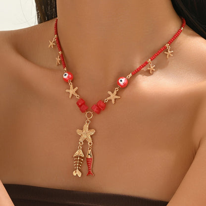 Red Bead Starfish & Fish Necklace