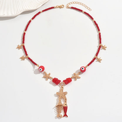 Red Bead Starfish & Fish Necklace