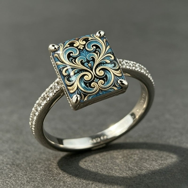 Blue Scroll Square Ring