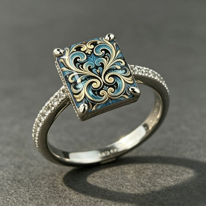 Blue Scroll Square Ring