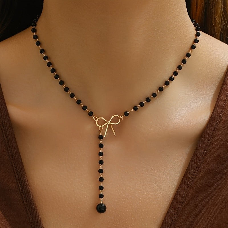 Black Bead Bow Necklace