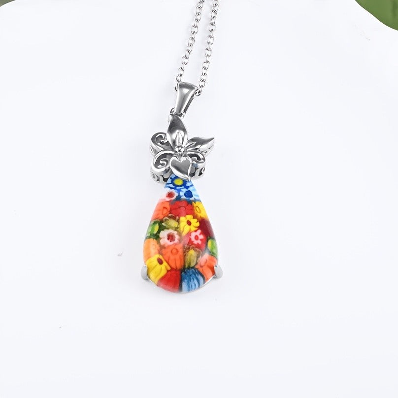 Blue Floral Glass Teardrop Pendant