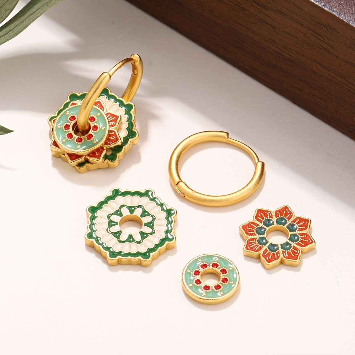 Mint Enamel Medallion Hoop Earrings
