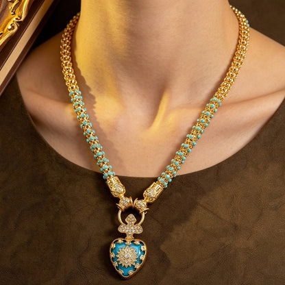 Blue Enamel Floral Heart Necklace