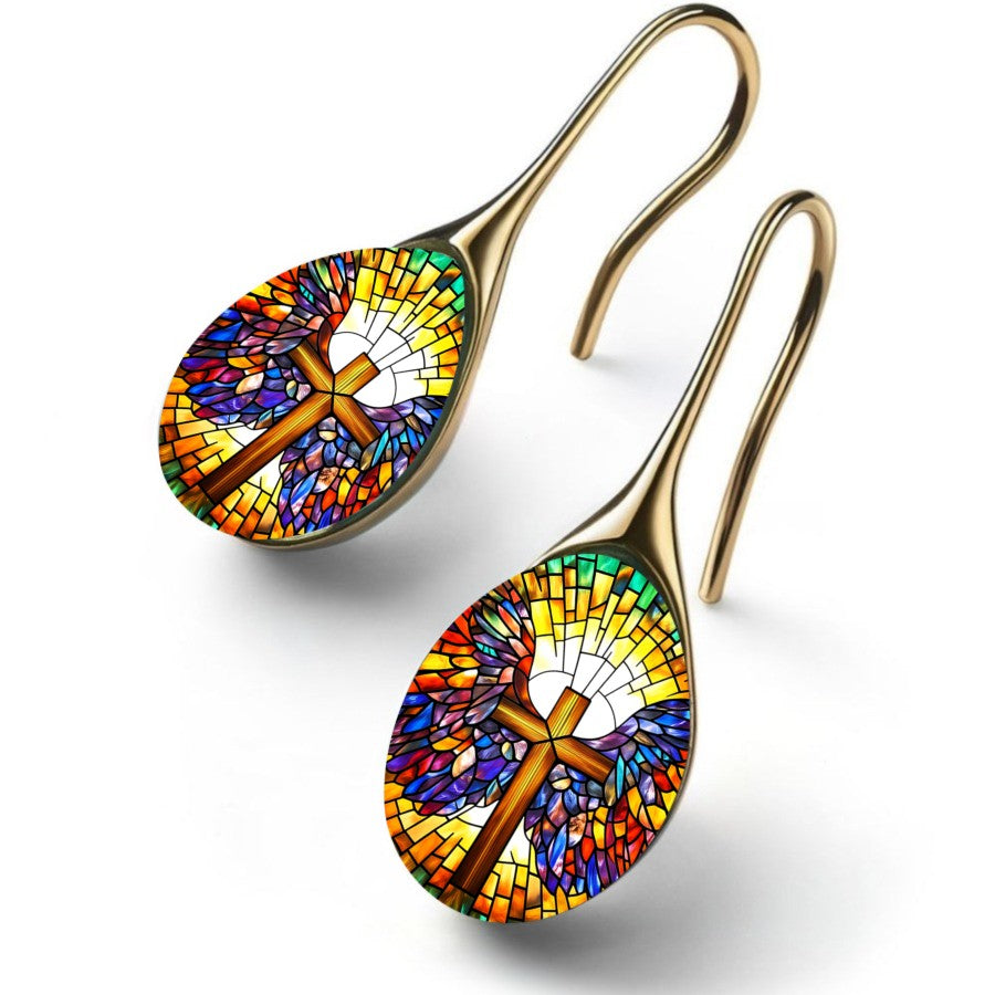 Stained Glass Cross Drop Earrings