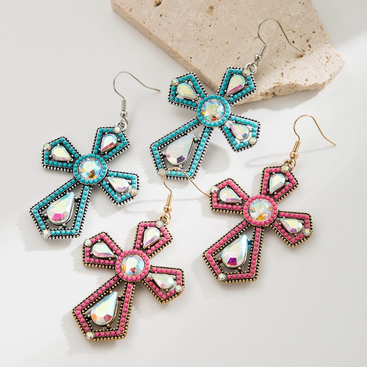 Pink Crystal Cross Earrings