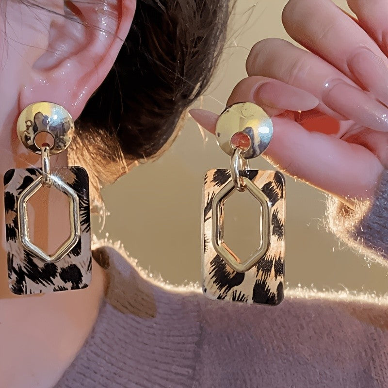 Leopard Print Hexagon Rectangle Drop Earrings