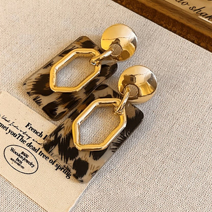 Leopard Print Hexagon Rectangle Drop Earrings