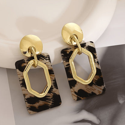 Leopard Print Hexagon Rectangle Drop Earrings