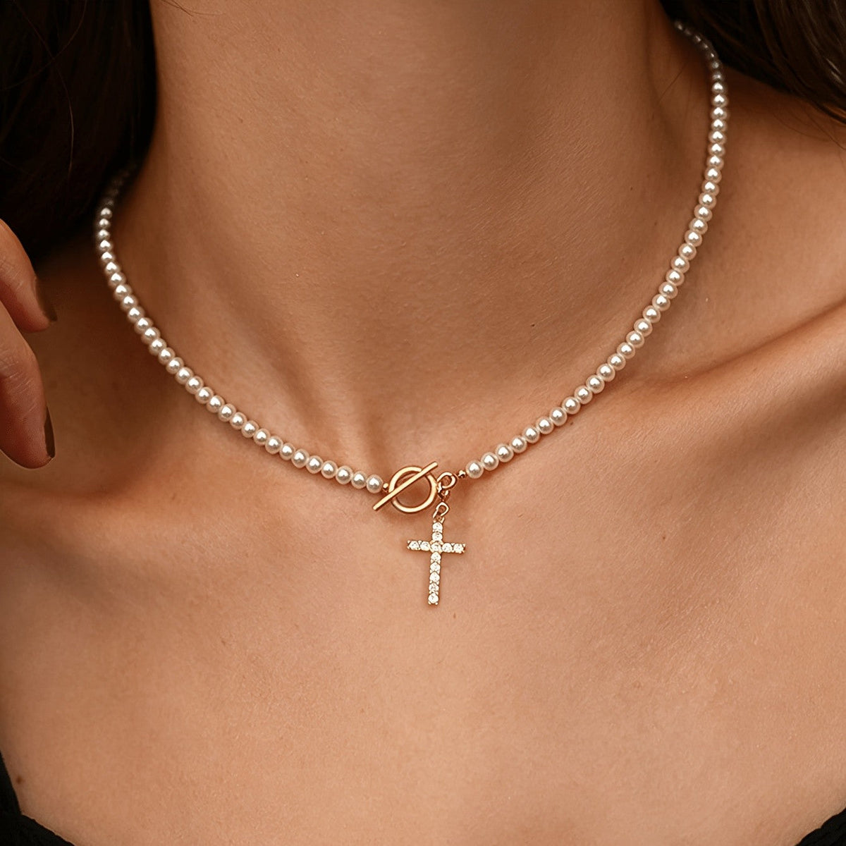 Pearl Beaded Cross Toggle Necklace