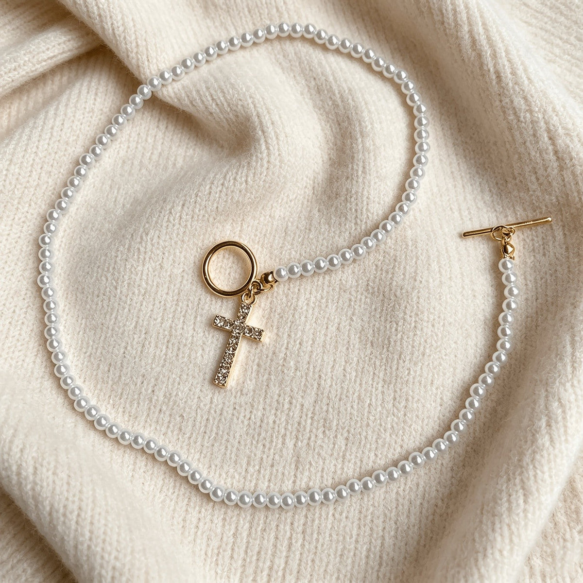 Pearl Beaded Cross Toggle Necklace
