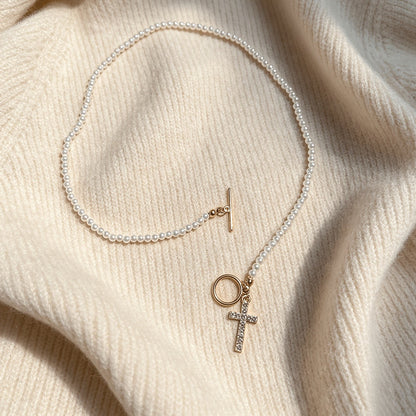 Pearl Beaded Cross Toggle Necklace