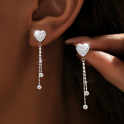 Crystal Heart Tassel Earrings